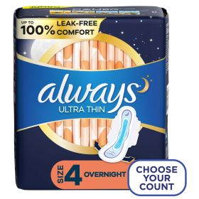 Always Ultra Thin Pads Overnight Absorbency Unscented with Wings;  Size 4, 50 Count